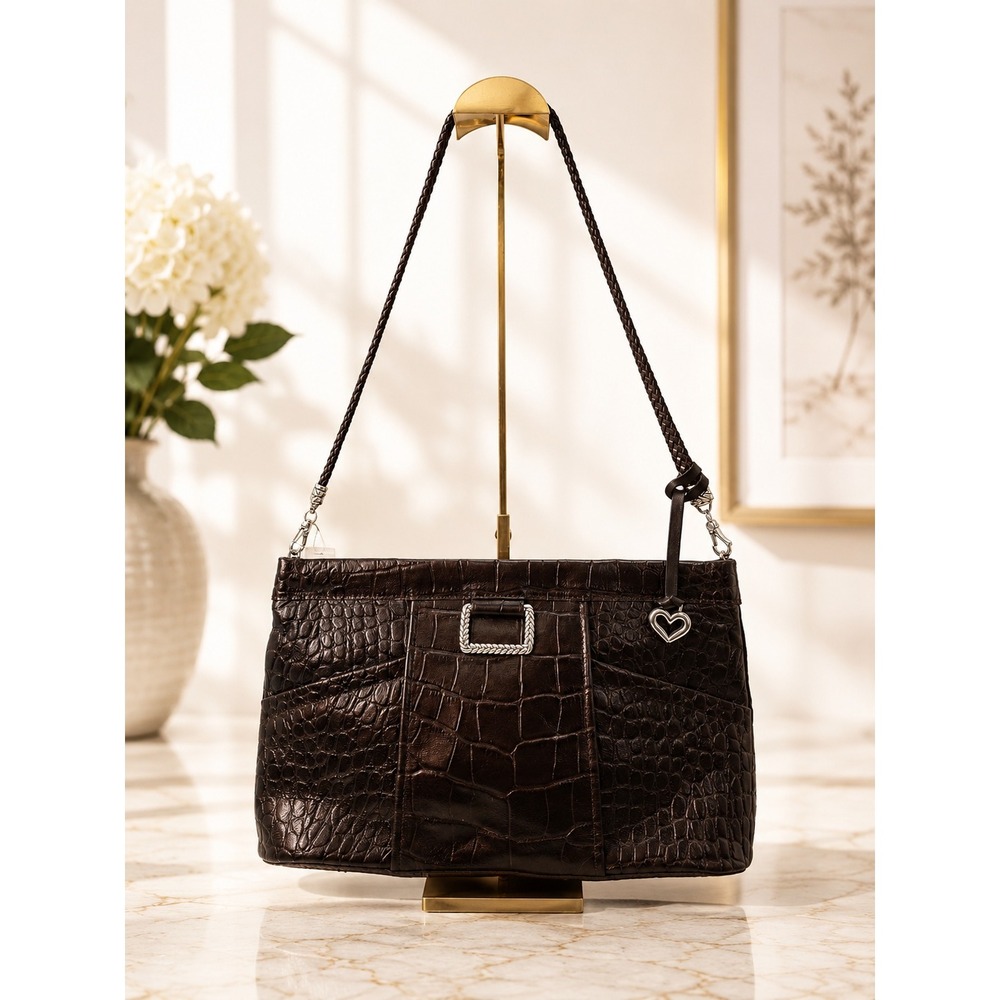 Brighton Rhoda Brown Croc Embossed Leather Shoulder Bag Silver Heart E110001